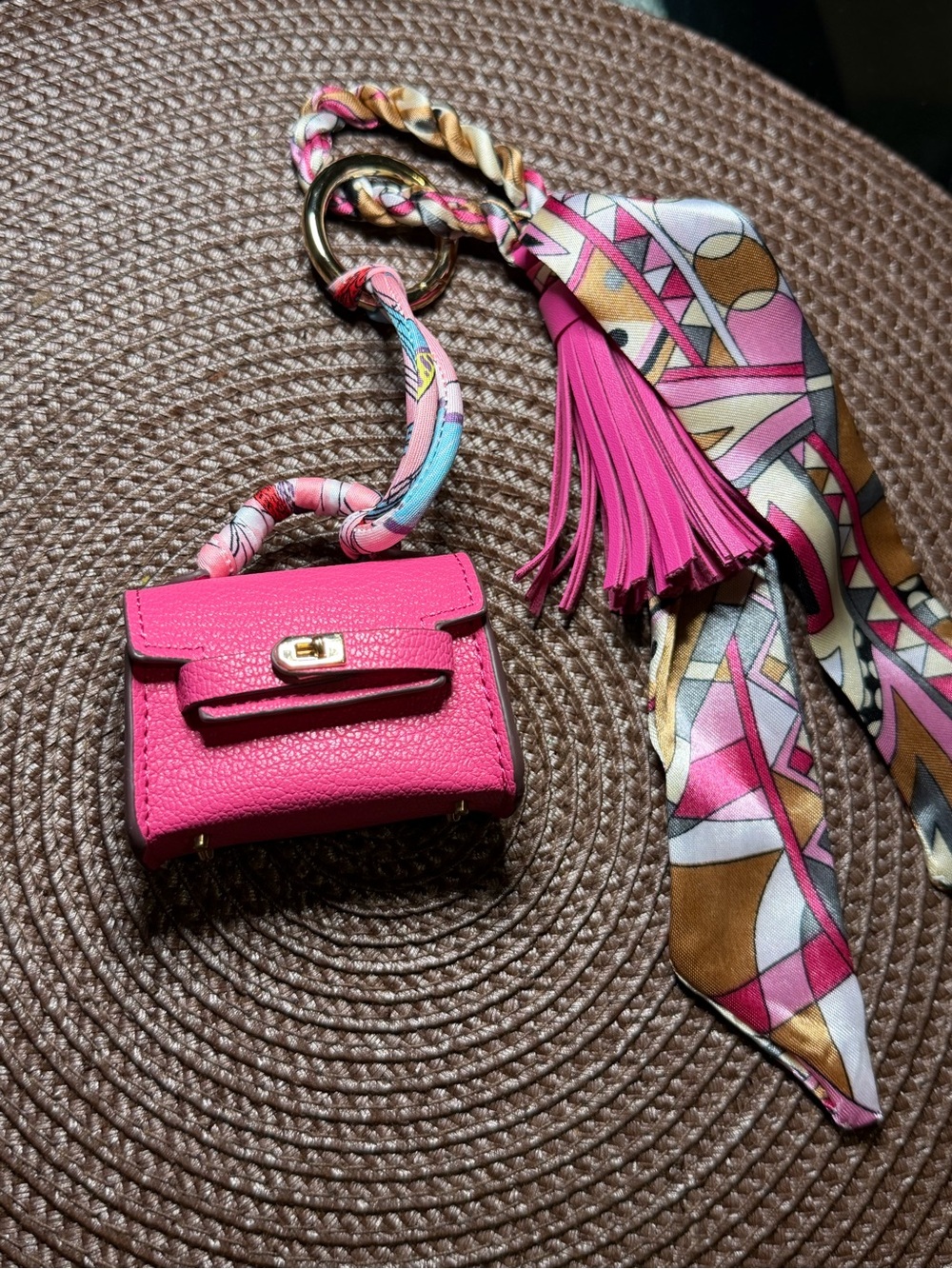 Mini Pink Leather Crossbody with Patterned Scarf and Tassel